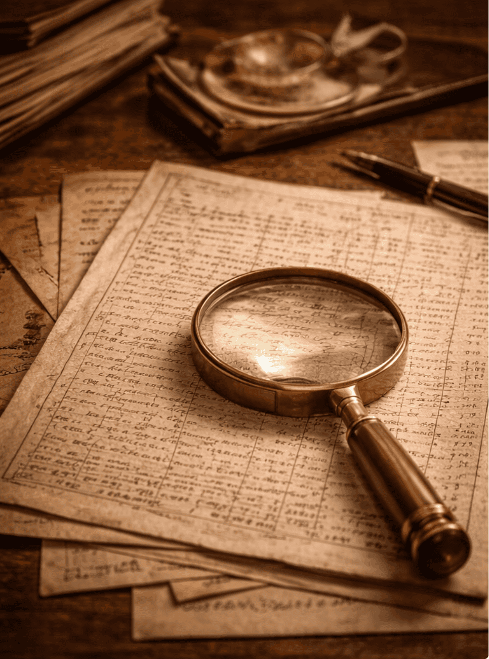 Close-up of handwritten census and archival records under magnification