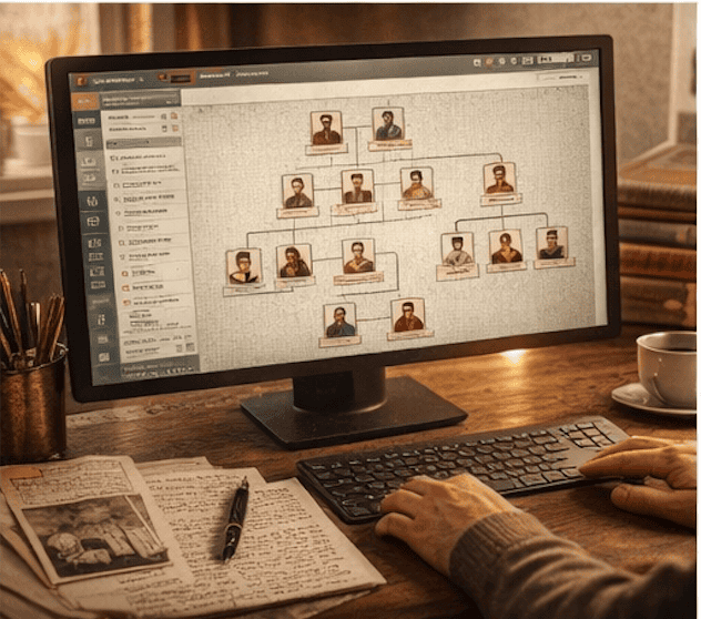 Digital genealogy software displaying a structured family tree