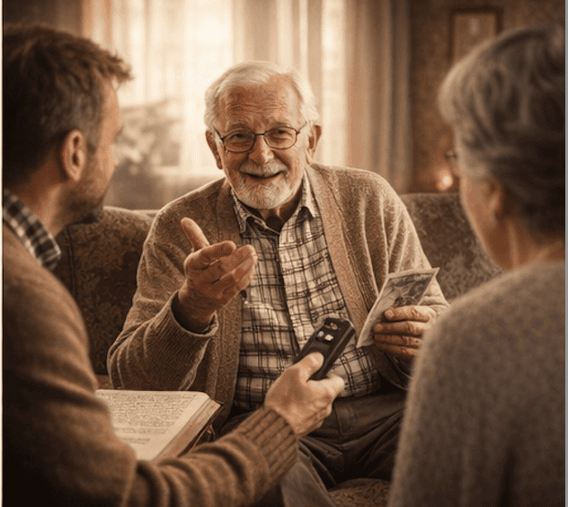 Family members sharing stories while reviewing old photographs