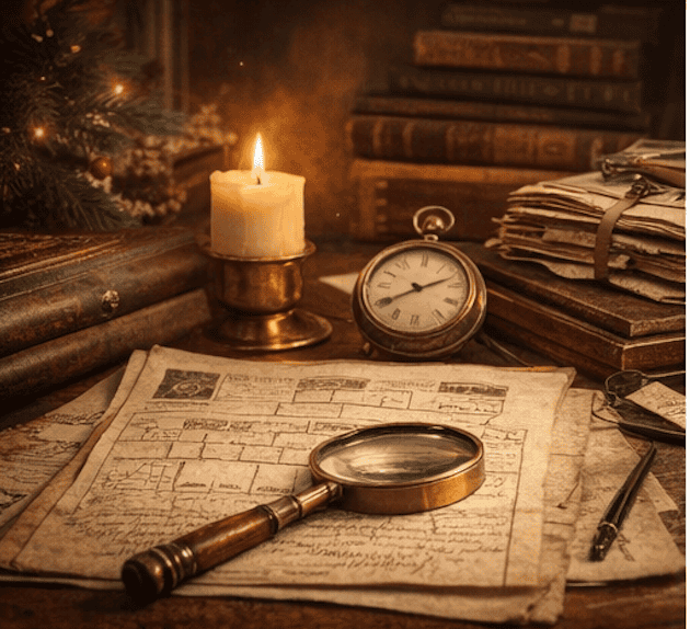 Genealogy research workspace with historical documents and magnifying glass