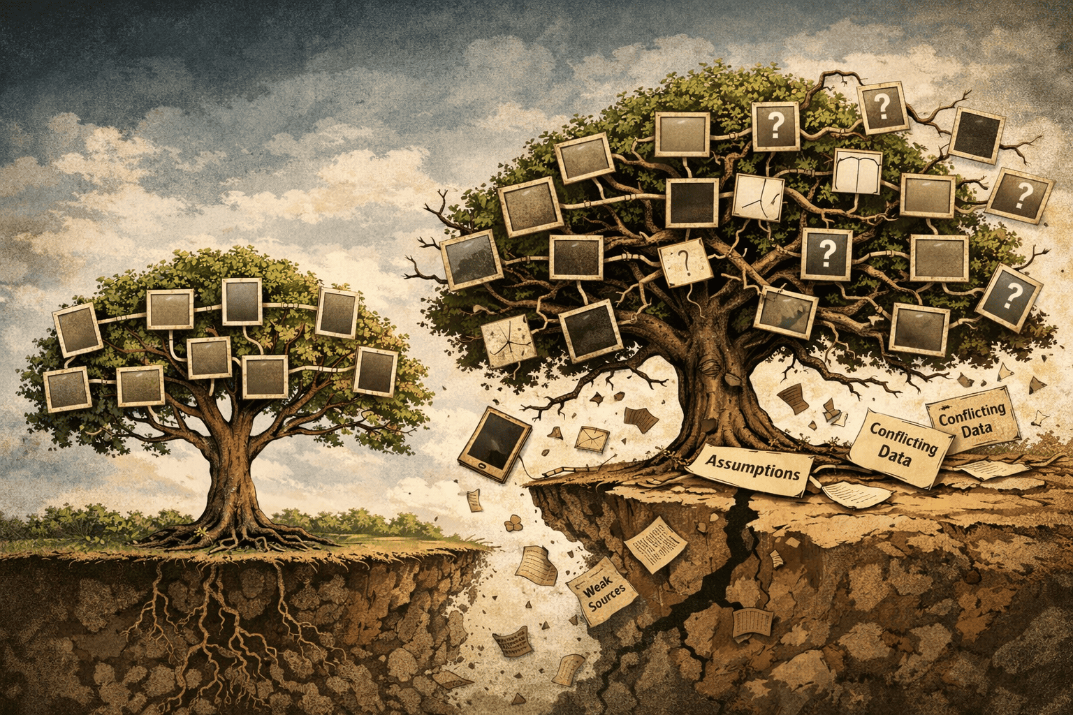 A strong genealogy tree with deep roots contrasted against an unstable, overgrown family tree