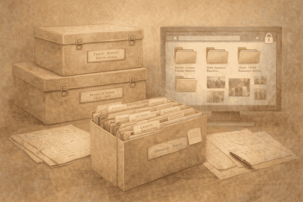Archival boxes and a digital archive interface representing long-term preservation.