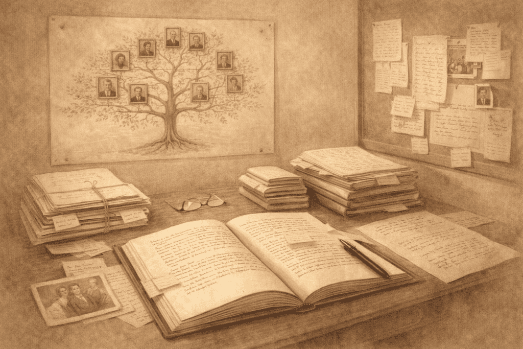 A genealogist’s organized workspace with documents, charts, and a manuscript in progress.