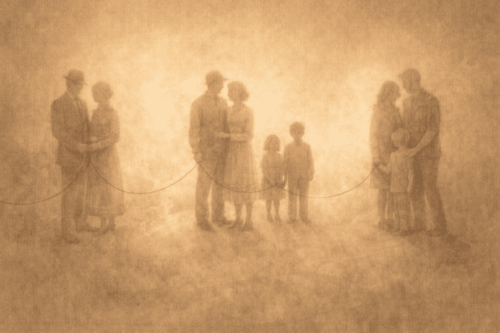 Symbolic multi-generation family figures connected by a single thread.