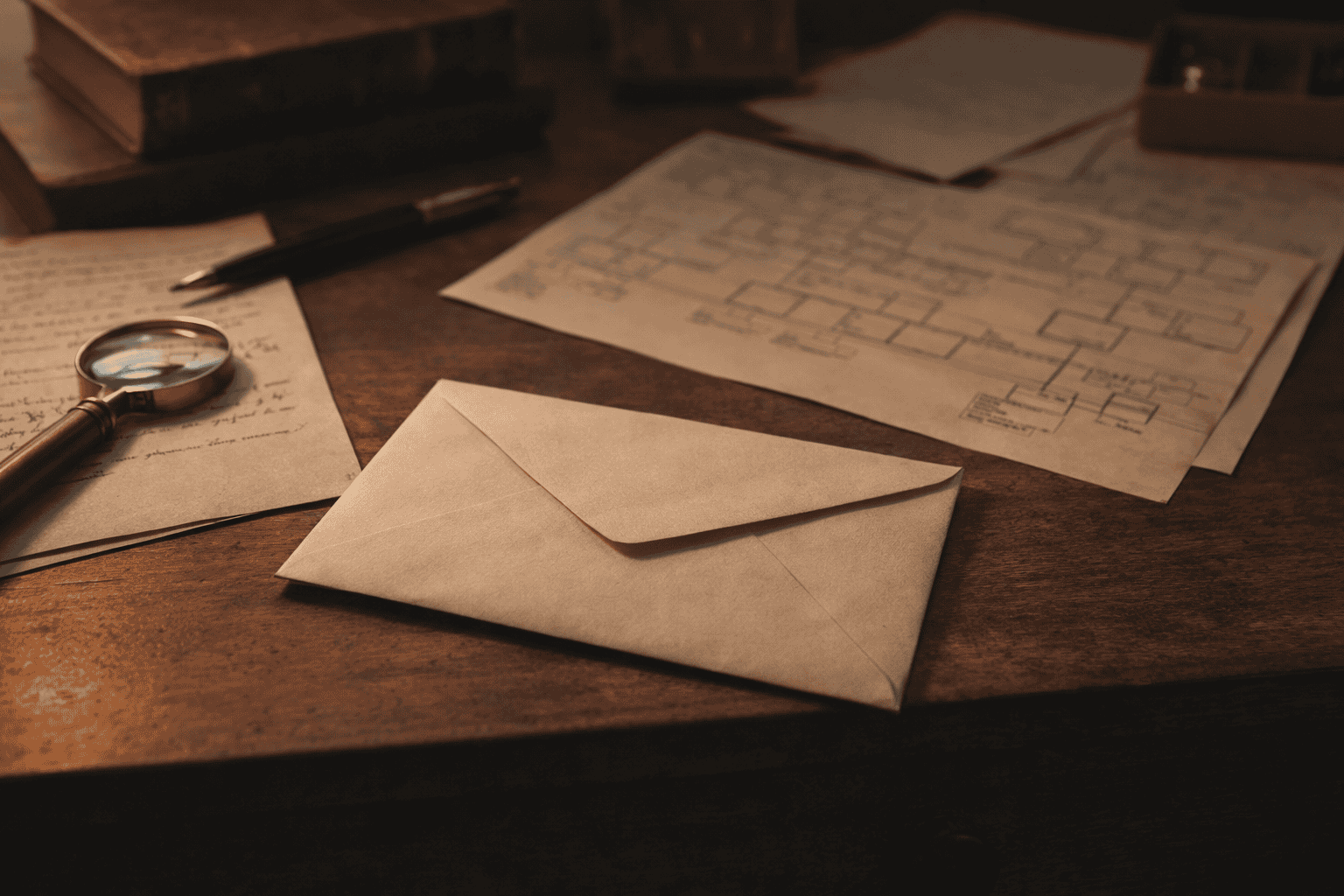 Genealogy outreach preparation with envelope and research materials on a vintage desk