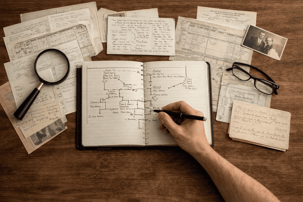 Genealogist analyzing multiple historical records and notes to evaluate evidence