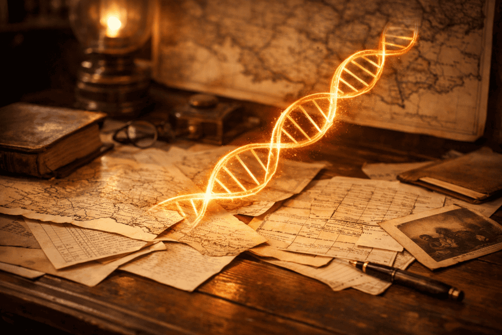 Genealogy research scene showing historical documents and maps with a glowing DNA double helix intersecting the paper trail, symbolizing how DNA evidence can change the direction of a family history investigation