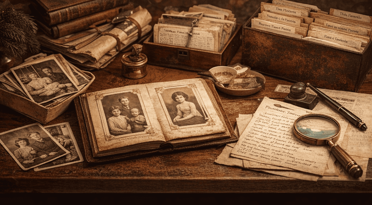 Illustration of family photographs, old records, and a magnifying glass